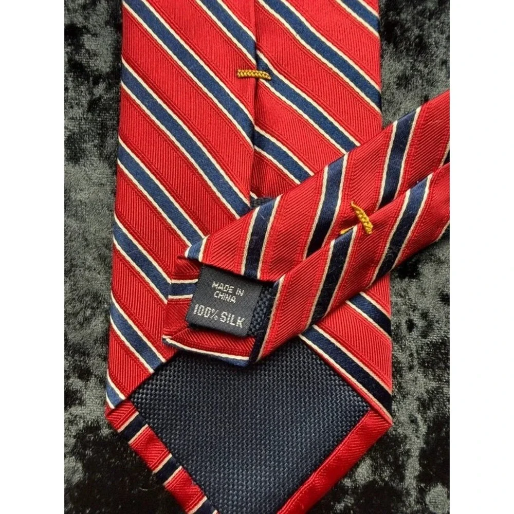 Nautica Men's 100% Silk Tie Red Navy Cream Repp Stripe Preppy Necktie